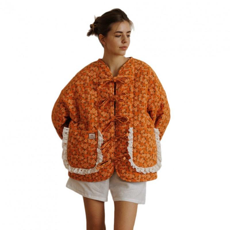 Womens 2026 Winter Floral Print Loose Cotton Padded Jacket Sweet Style Mid-Length Coat