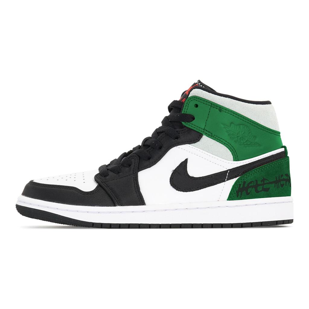 Jordan Air Jordan 1 Slip Resistant Mid top Vintage Basketball Shoes Men's Black White Green 852542-100(Team210-)