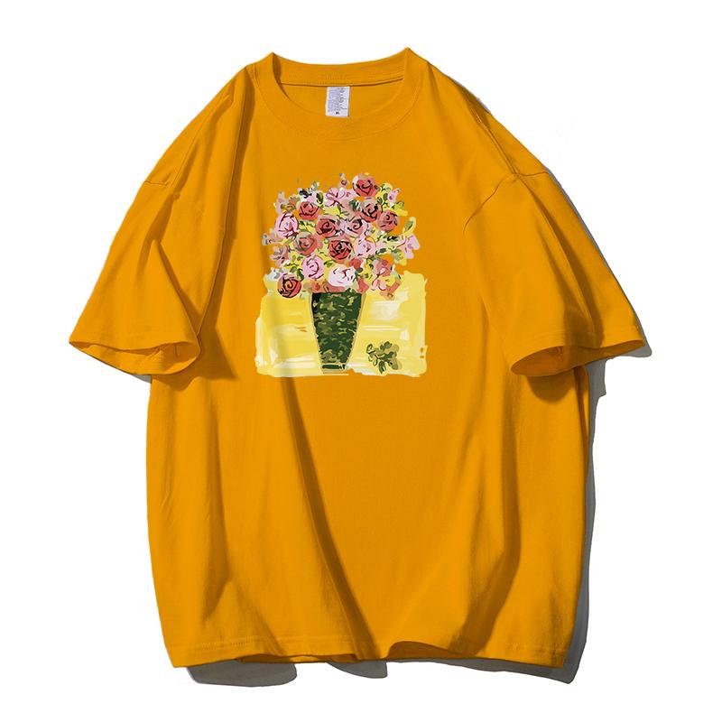 Shellsuning Tričko s potiskem krásných květin pro ženy Letní móda s výstřihem do O Umělecká trička nadměrné velikosti Dámská 100% bavlna Základní měkké topy Harajuku