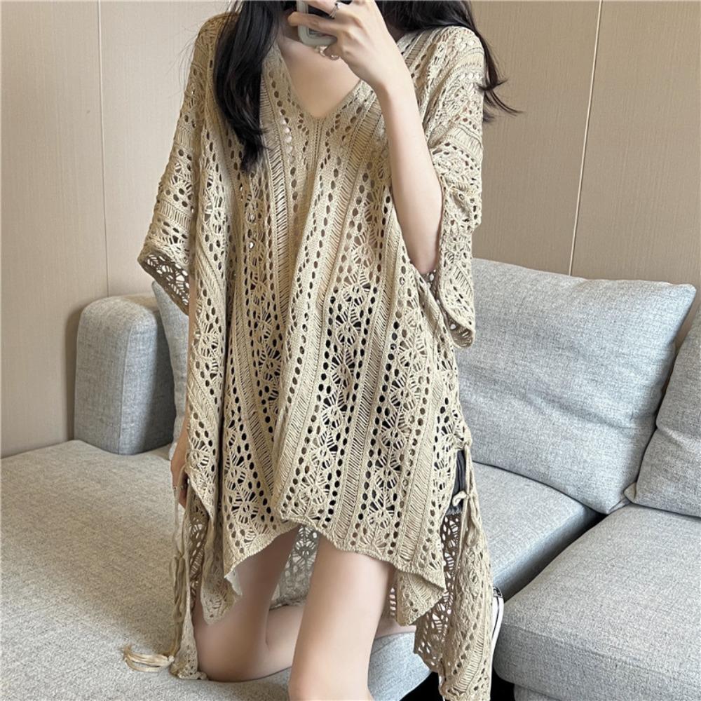 Loose Beach Crochet Sweater V-neck Hollow Out Knit T-shirt Korean Style   Girl
