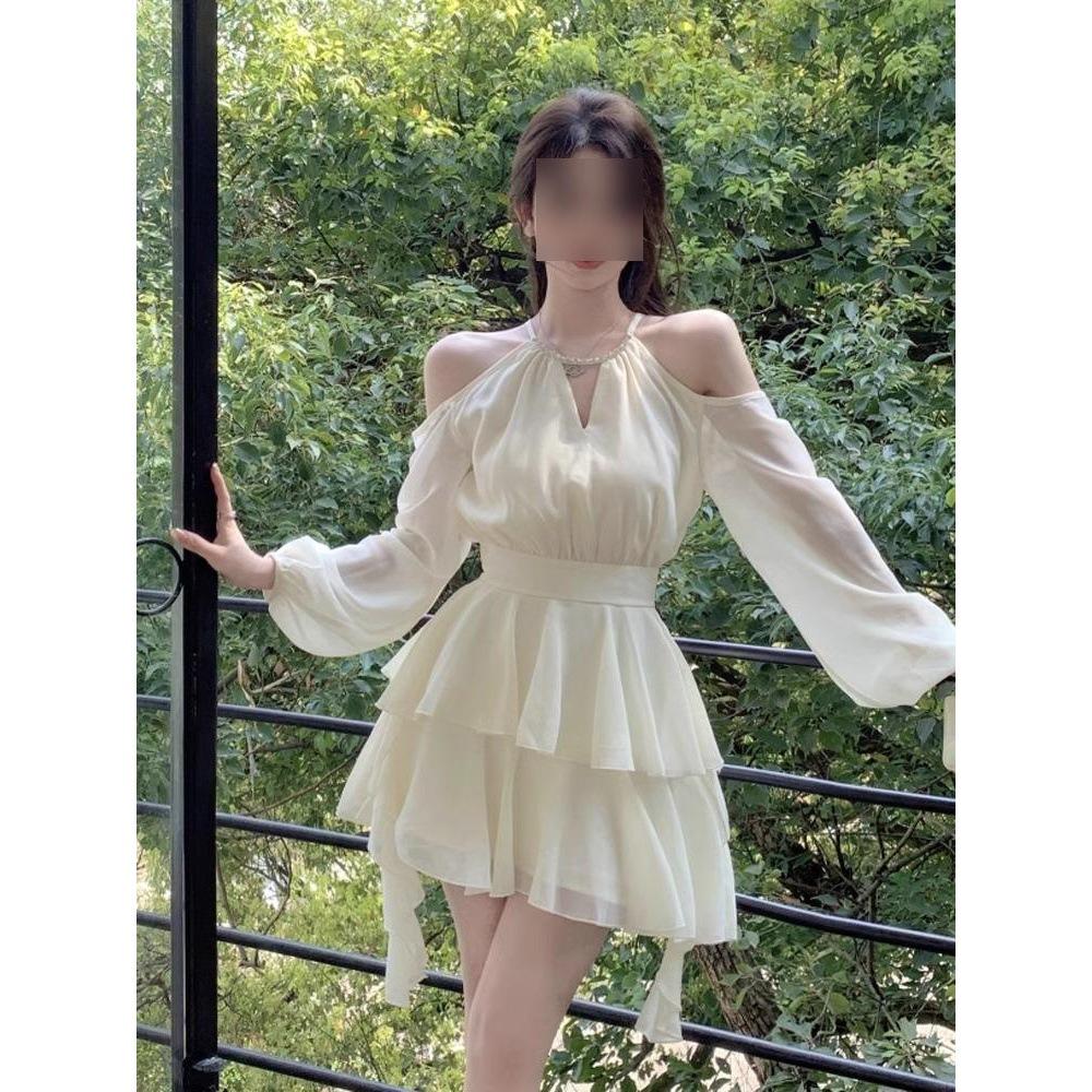 

Pure Desire White Moonlight Dress: Women s Chic Summer Halter, Off-Shoulder, Irregular Hem, Waist-Gathering Short Skirt Style Small