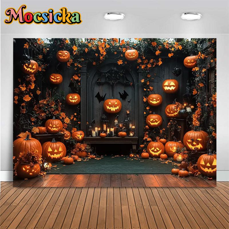 Mocsicka Halloween Backgrounds For Photography Terrible Pumpkin Party Backdrop Bat Flower Jack-O-Lantern Home Decorations Banner