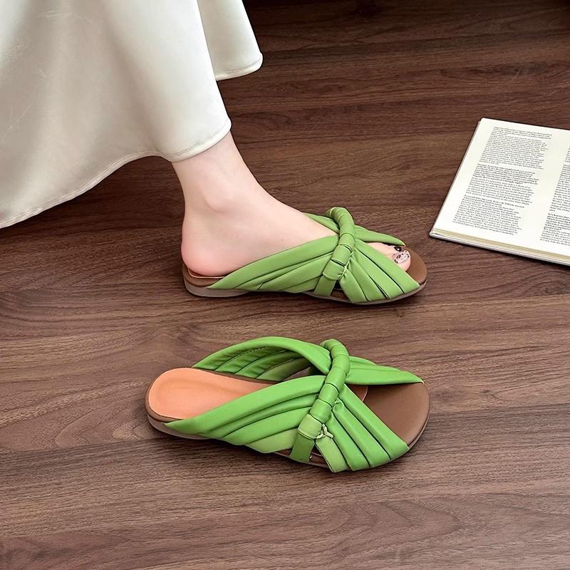 Spring and Summer Woven Fish Mouth Retro Open-toed Flat-bottomed Slippers Dopamine-colored Lazy Dragging Bread Birkencool Slippers Women