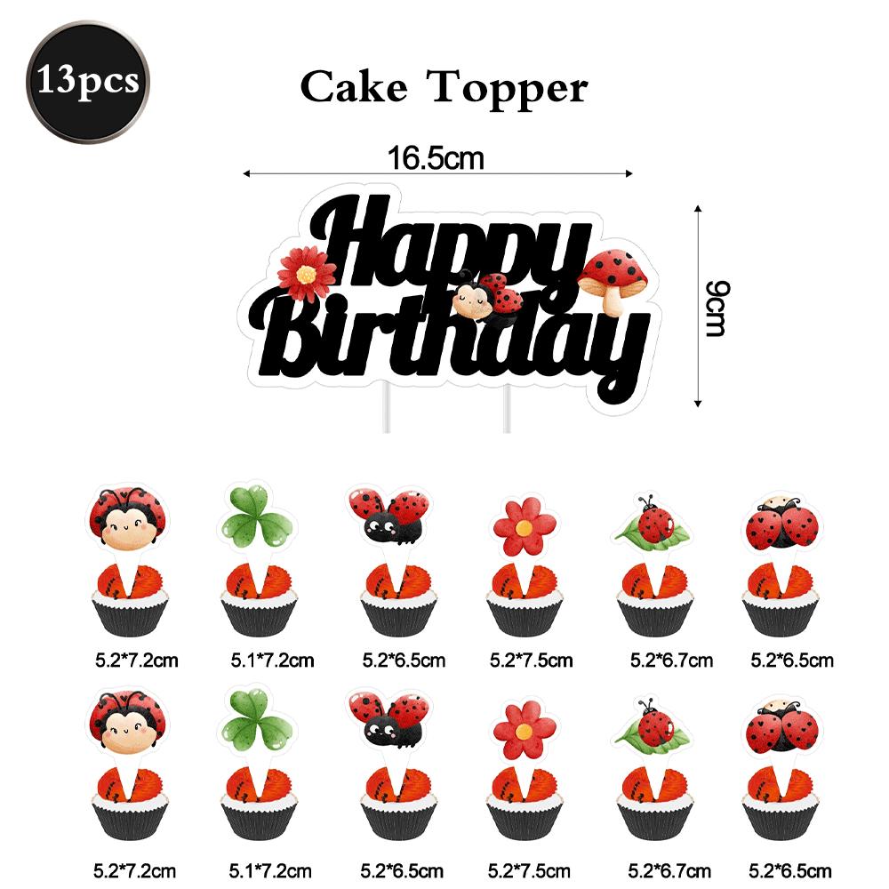 Cute Ladybug Theme Happy Birthday Party Decor Banner Cupcake Toppers Hanging Swirls Red Black Polka Dot Baby Shower Supplies