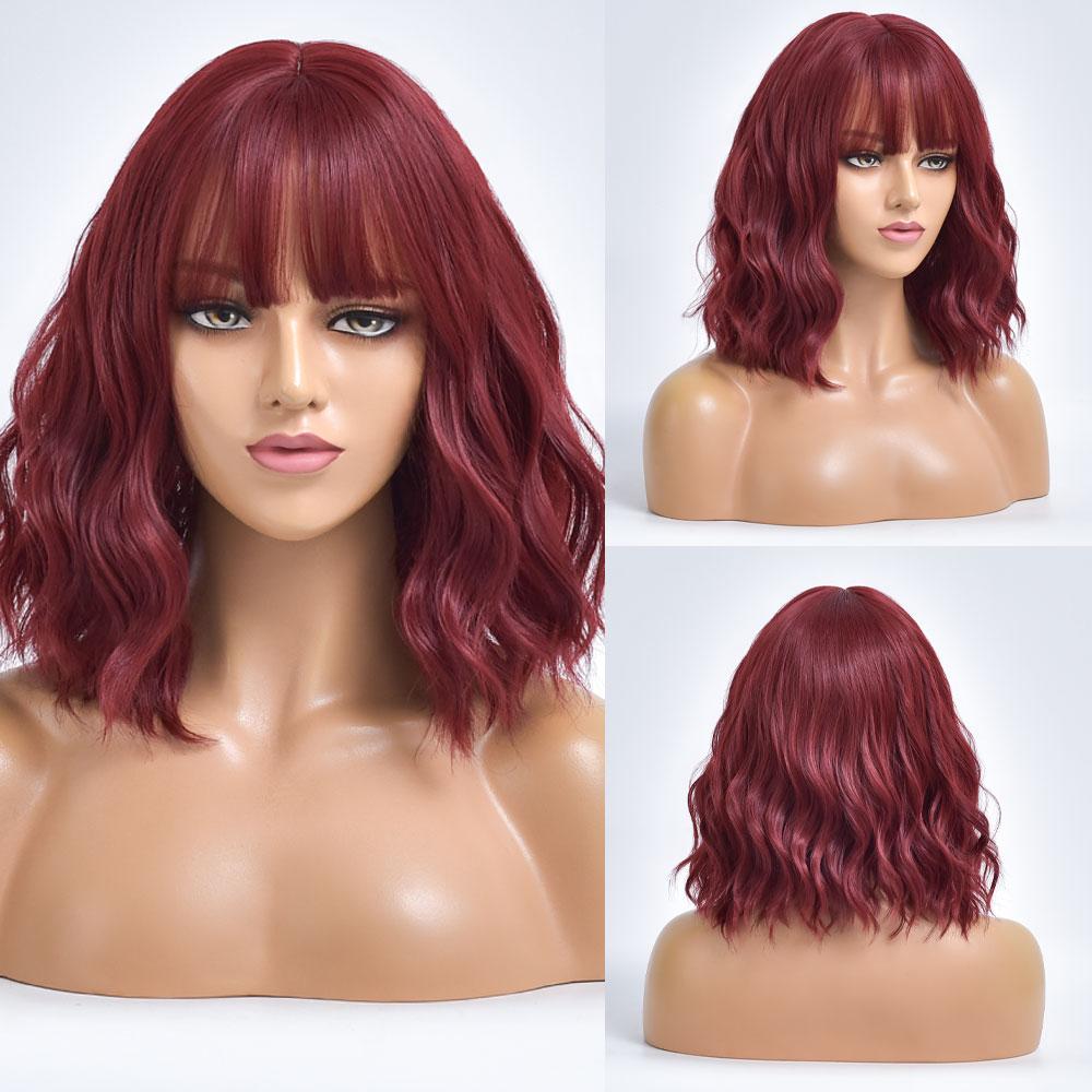 Short Bob Synthetic Wig Ombre Pink Water Wave Hair Wigs For Black Women With Bangs Cosplay Lolita Heat Resistant Natural Hair