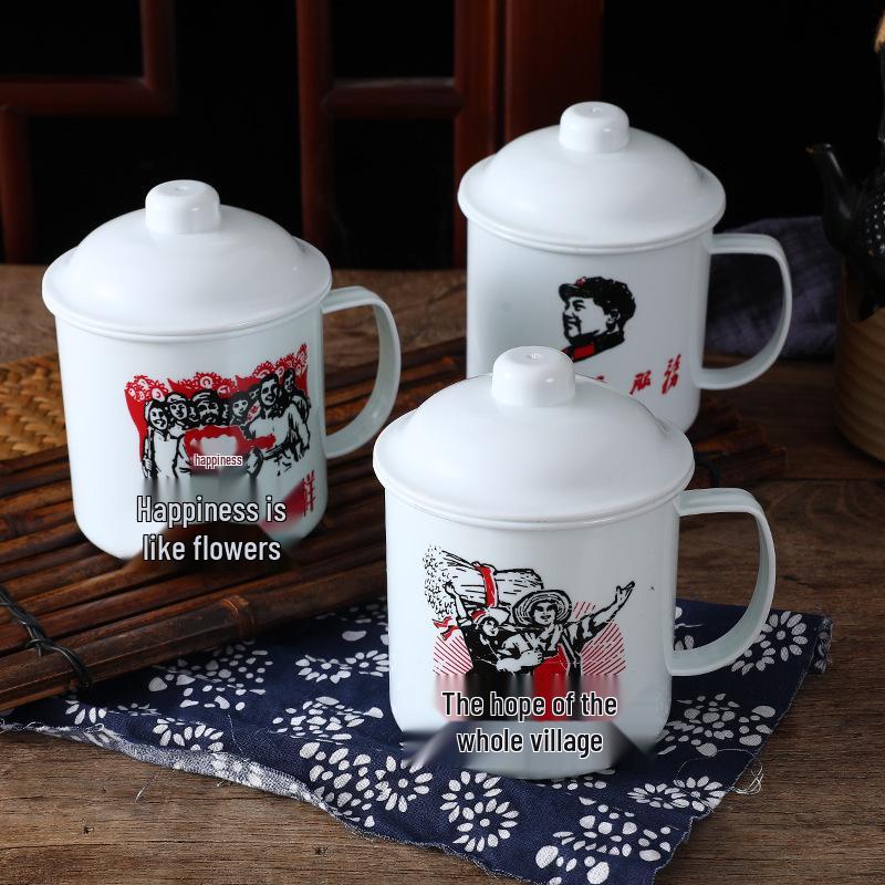 Nostalgický hrnek ve smaltovaném stylu s víčkem, velký objem, přizpůsobitelné vzory, odolný plast