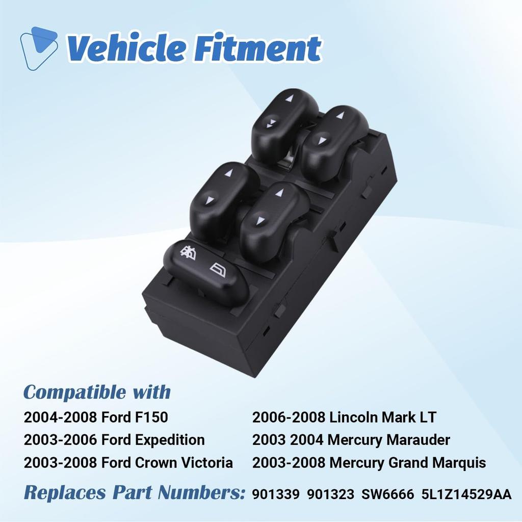Power Window Control Switch Master Door Button Compatible With 2003-2008 Ford Crown Victoria/F150/Expedition, 06-08 Lincoln Mark LT, 03-08 Mercury