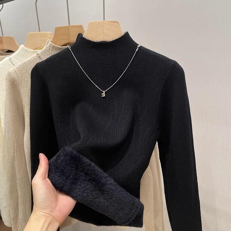 Half High Neck Plush Warm Pullover Sweater for Women Autumn and Winter Long Sleeve Fleece Base Sweater Woman Elegant Solid Slim Casual Jumpers 25217