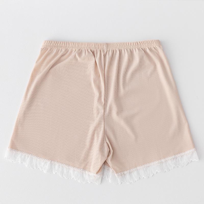 Spring-Summer Women's Ice Silk Lace Trim Leggings with Vertical Stripes and Anti-Exposure Three-Point Safety Design