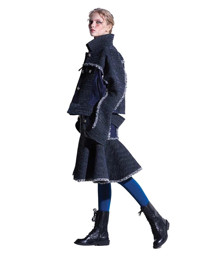 Greedius Denim Corduroy Combination Ruffle Skirt