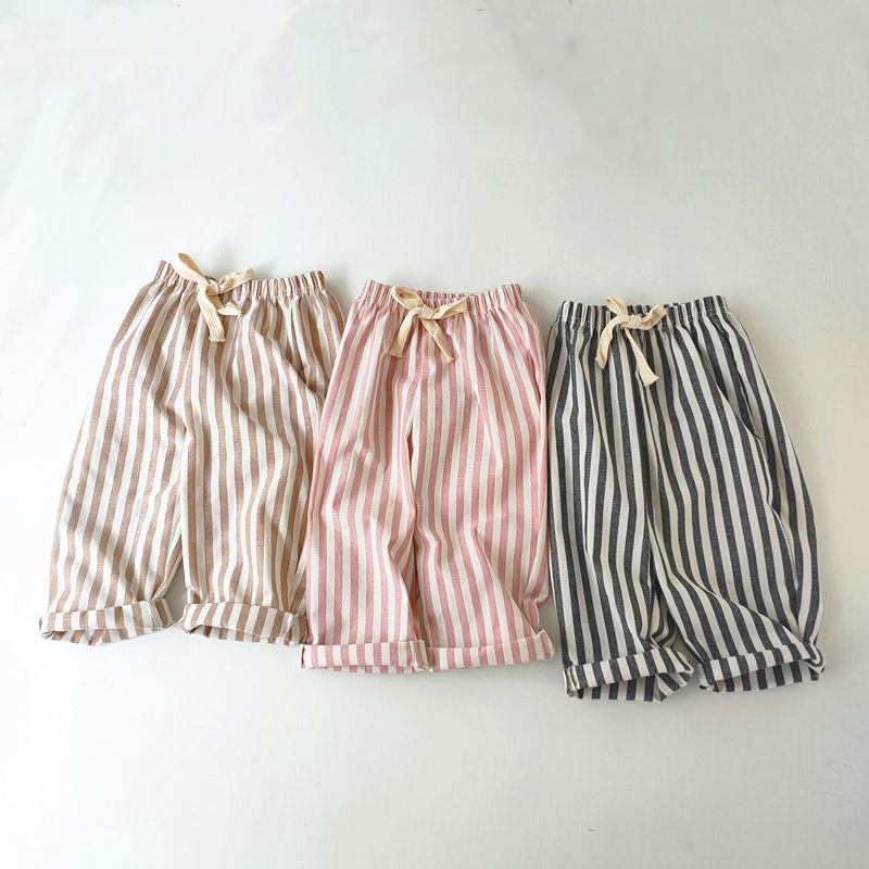 Children's Cotton and Linen Striped Cropped Pants Summer Girls' Loose Striped Pants Casual Lace Up