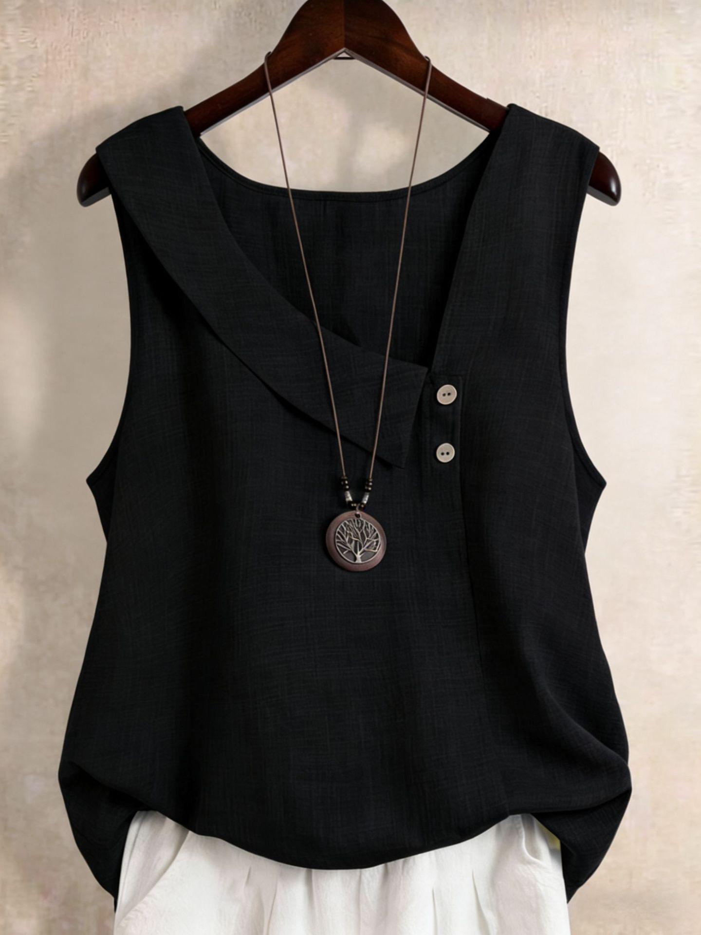 2026 Plus Size Women s Casual Solid V-Neck Button Woven Sleeveless Vest 0XL