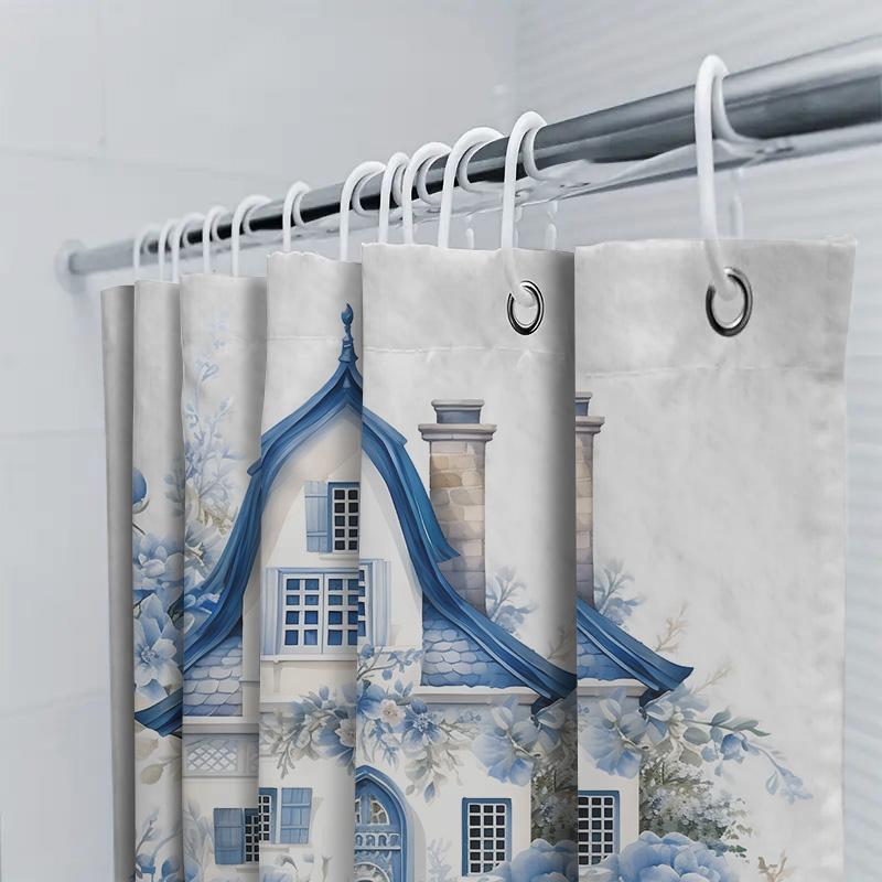 Blue Floral House Shower Curtain For Bathroom - Waterproof And Durable With Elegant Design Suitable For Wet And Dry Separation