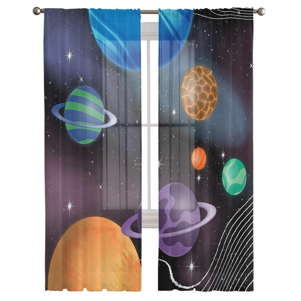 Universum Stern Planet Tüll Fenstervorhang Transparent Volants Vorhänge Für Wohnzimmer Heimdekoration Drapierung Paneel