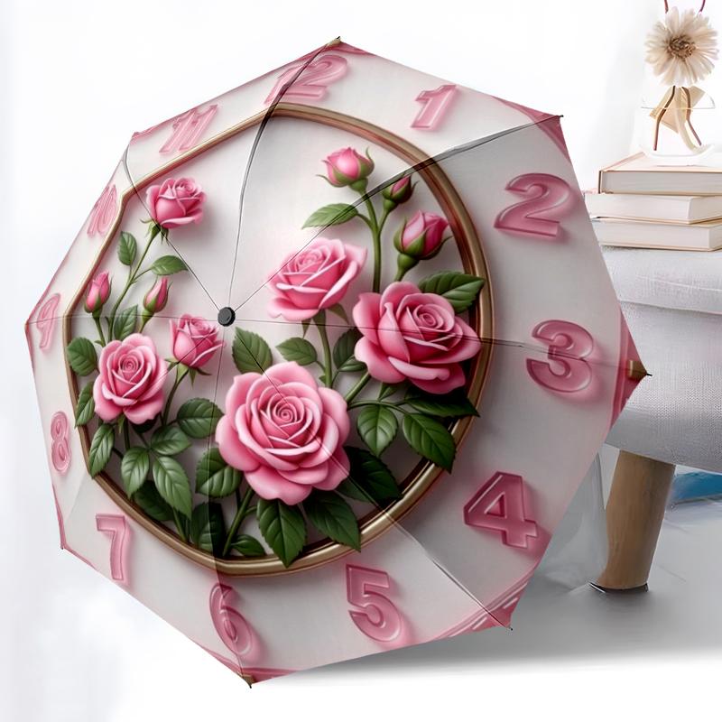 1pc Floral Clock Combination pattern Sturdy 8-Bone Auto Umbrella, Bright Umbrella, Digital Printed, Foldable Umbrella for On-the-Go Outdoor Use
