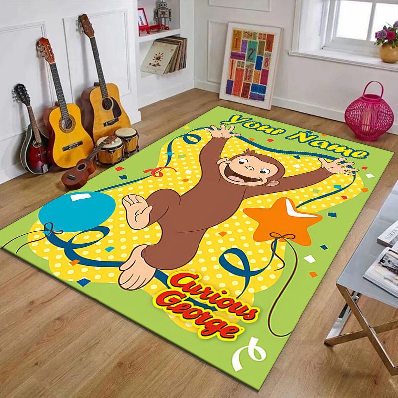 Custom Curious George Mat Personalized Name, Polyester Washable Indoor Entryway Rug, Gift for Christmas, Easter, Thanksgiving Day