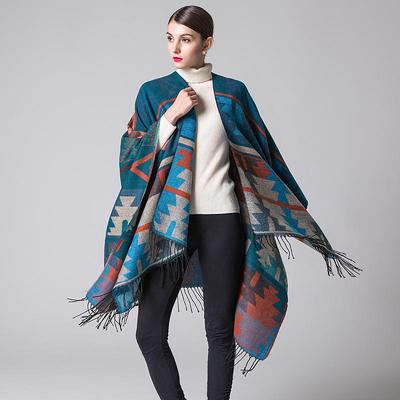 Women's Fashion Geometric Diamond Long Cape Thicken Warm Pashmina Ethnic Style Shawl Autumn and Winter Travel Cloak Split Wraps