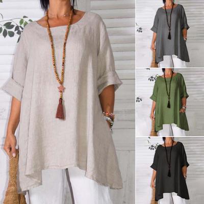 O-neck Mid-Length Irregular Hem Shirt Solid Color Long Sleeve Pullover Blouse