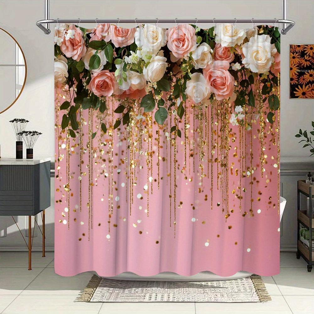 

Romantic Rose Shower Curtain - Waterproof, Mildew-Resistant with Gold Glitter Design for Elegant and Festive Bathroom Decor W90XH180cm