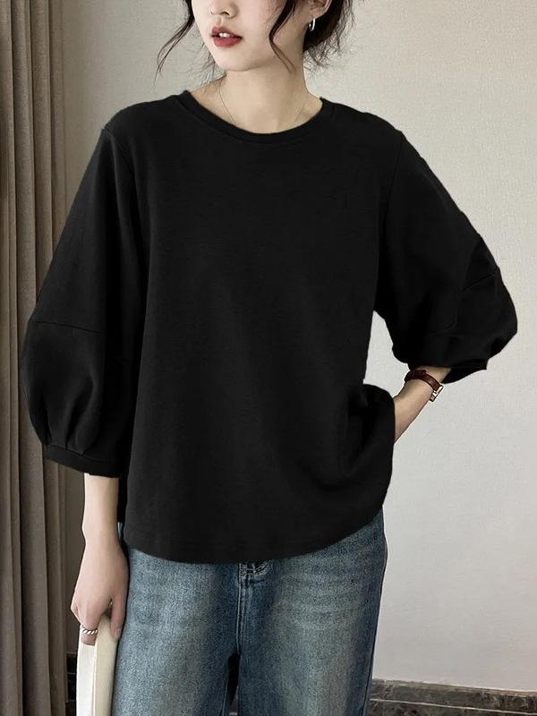 Women's Retro Lantern Sleeve T-Shirt - Hong Kong Style, Casual 3/4 Sleeve Top, Spring/Summer 2026 Collection