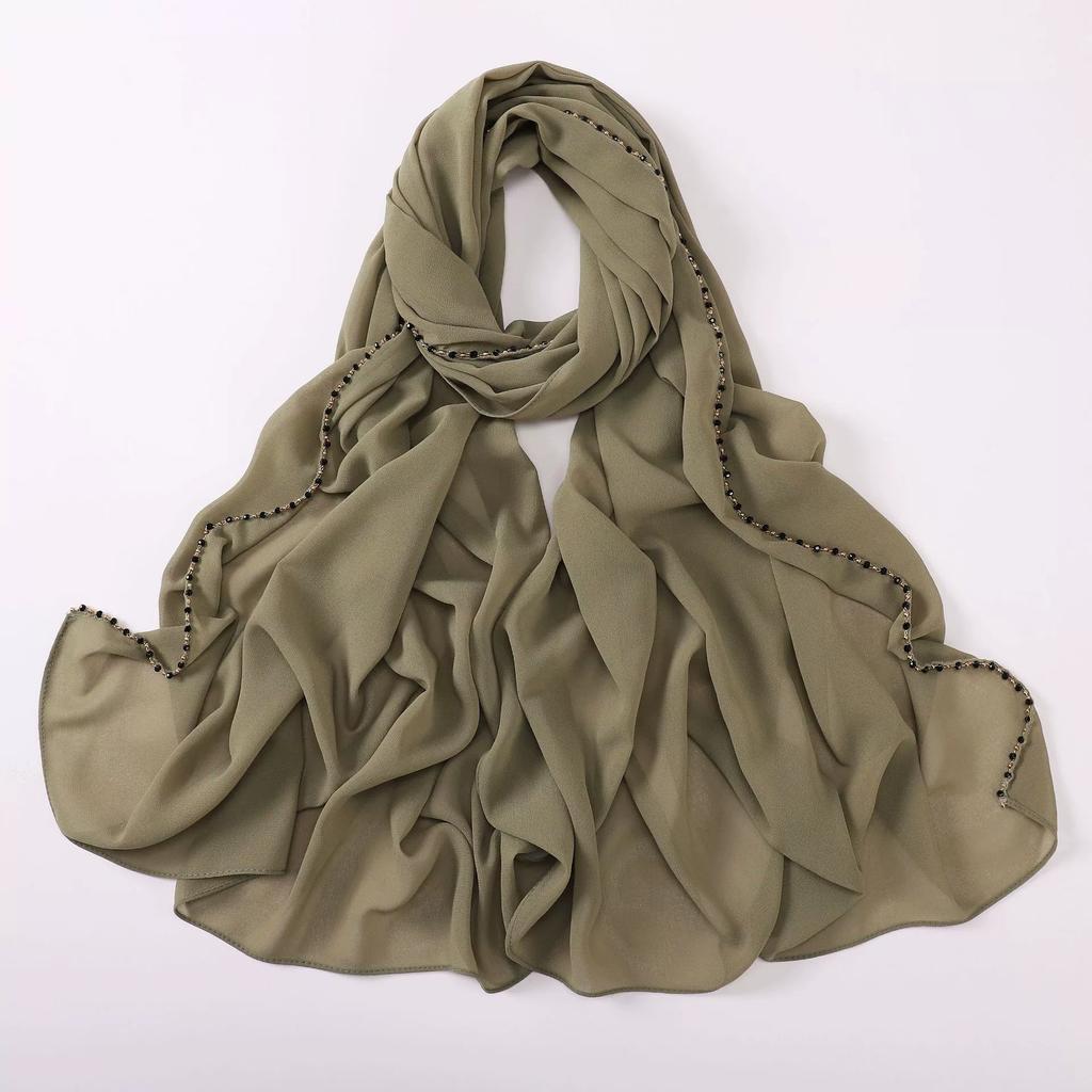 New Pearl Chiffon Hijab Scarf Copper Chain With Black Crystal Pearls Women Muslim Fashion Hijabs For Women Ramadan Turban Femme