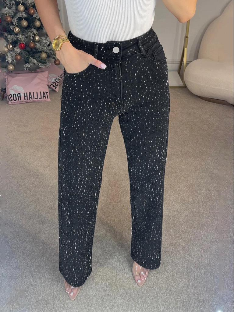 Women's Full Diamond Washed High-Waisted Straight-Leg Denim Pants