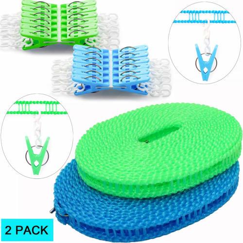 Two-pack of Blue Laundry Ropes, Approximately 5m Long, with 24 Clips, Windproof, and Features Hanger Slits and Hanger Stops. Portable and Convenient F