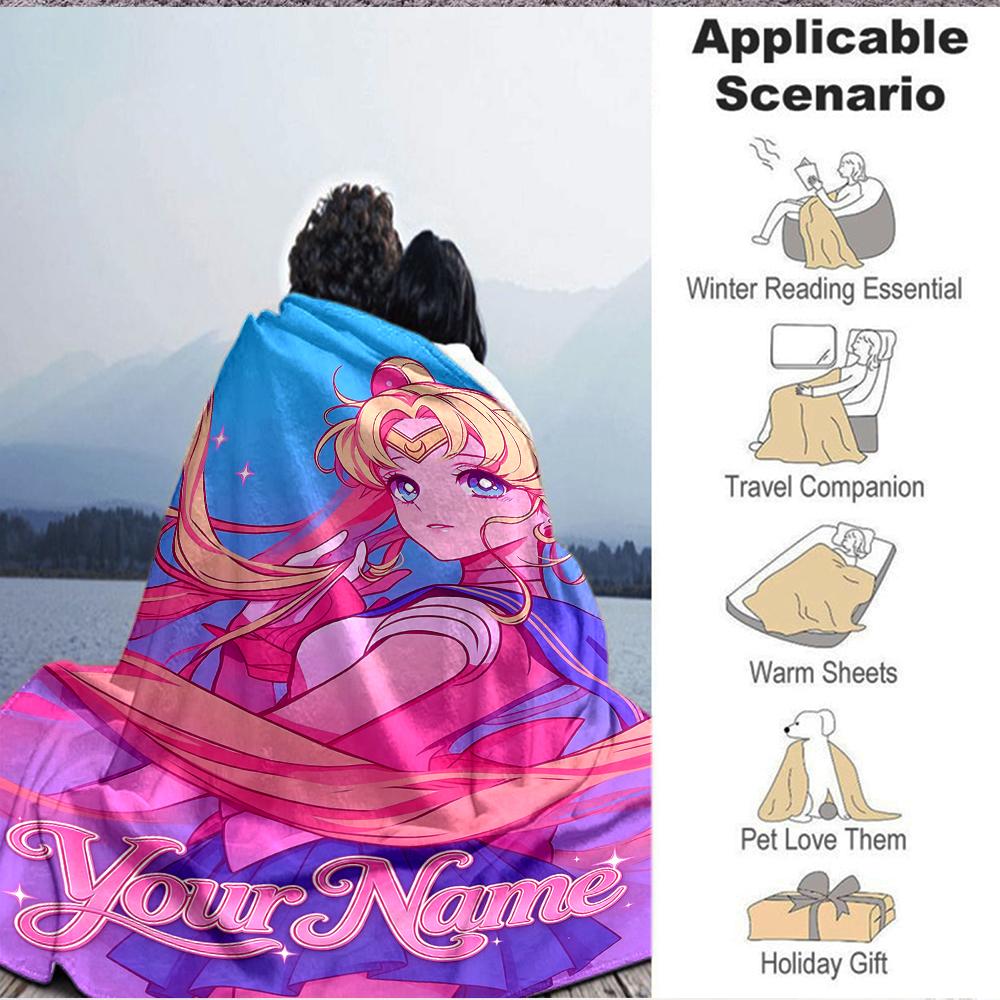 Custom 1Pc Retro Anime Girl Custom Name Fleece Flannel Blanket Soft Warm Cozy Office Throw For Bedroom Couch Travel Birthday Xmas Gift