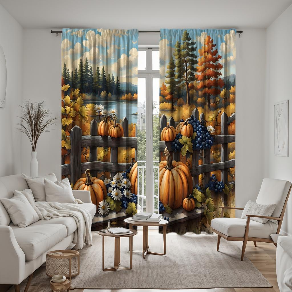 2pcs HD outdoor autumn river edge pumpkin fruit decorative curtain Yellow tie digital printed curtain home decoration style d