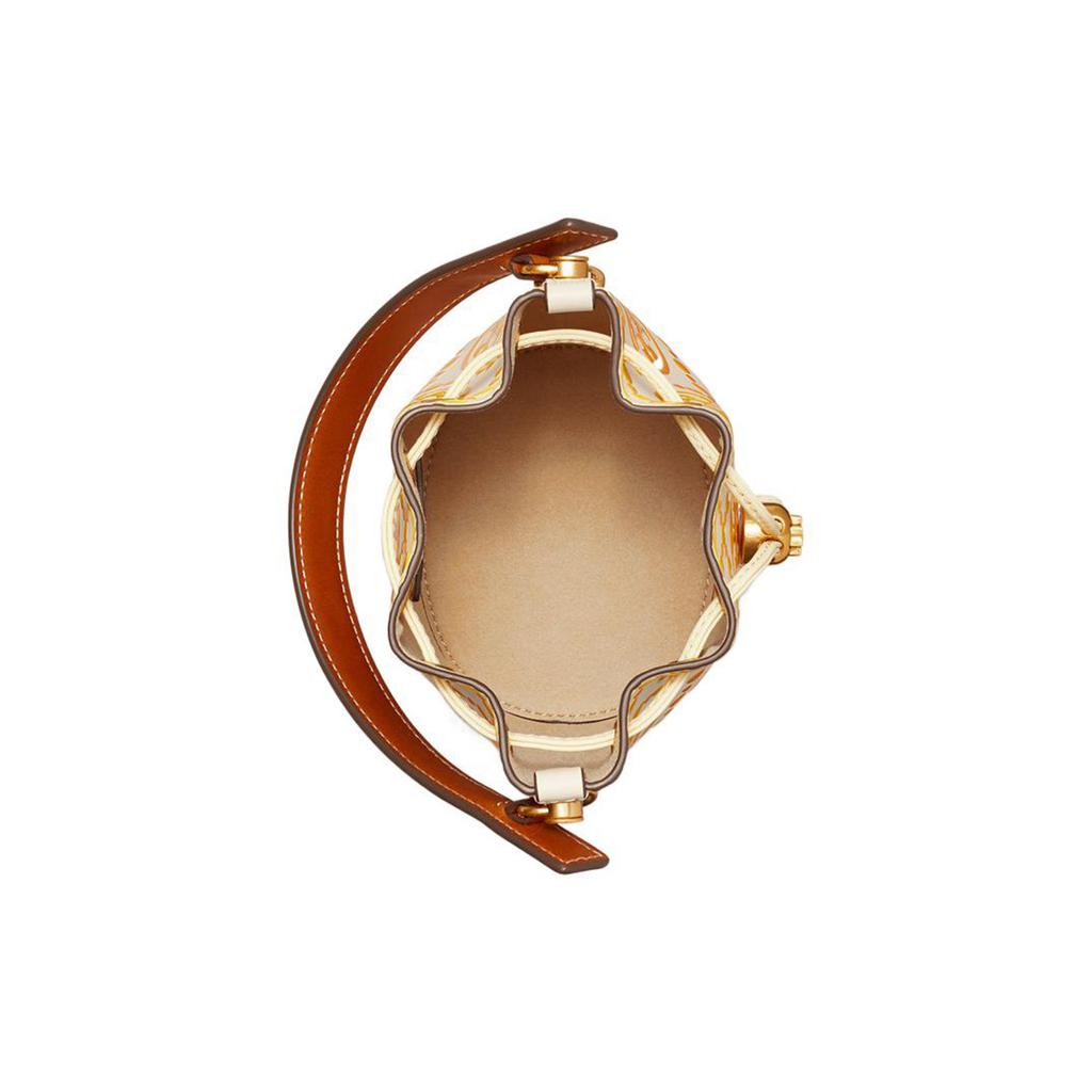 Tory Burch Twill T-Logo Embossed Drawstring Bucket Bag Women Handbags Ivory Orange 148682-104