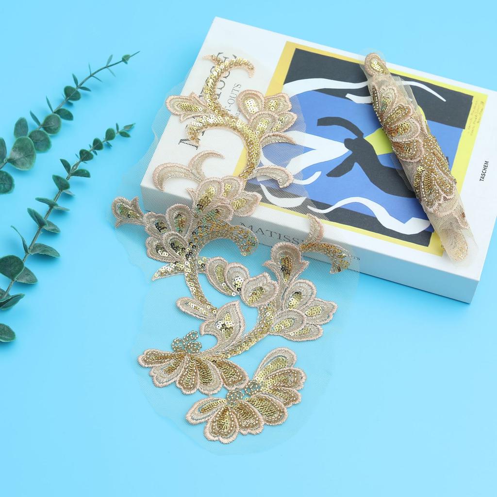 Gold Sequined Bead To Flower Bead Embroidery Lace Flower Decal Embroidery Lace Stage Performance Accessories