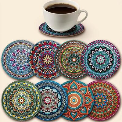 Retro Wooden Mandala Coasters Set Round Party Supplies Cat-Themed Cup Mat Heatproof Drink Pads for Bar, Office, Home Decor