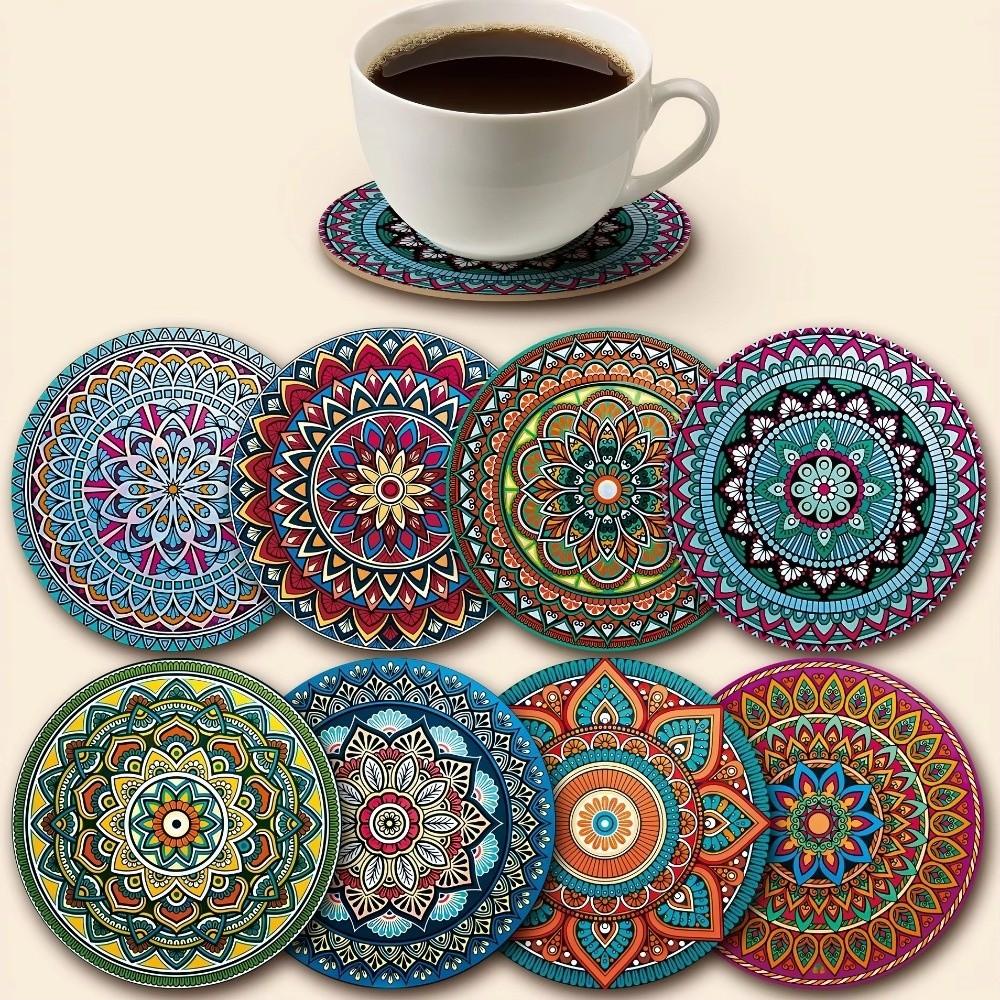 Retro Holz Mandala Untersetzer Set Rund Hitzebeständig Katzen-Thema Tassenunterlage Partyzubehör Getränkeunterlagen für Bar, Büro, Heimdekoration