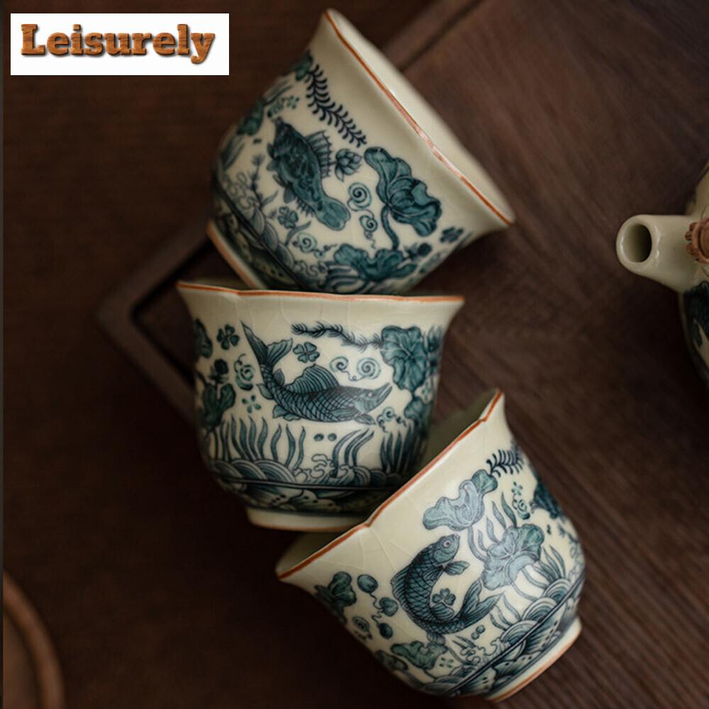 2pc/lot Imitation Song Ru Kiln Tea Cup Fish Algae Pattern Mouth Cup Small Master Single Cup Meditation Cup Bowl Kung Fu Teaware