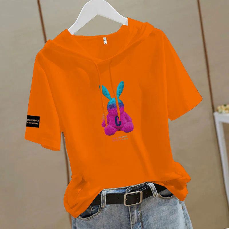 100% Cotton Ethnic Style Hooded Loose Short Sleeve Women's T-shirt - Summer Casual Versatile Top