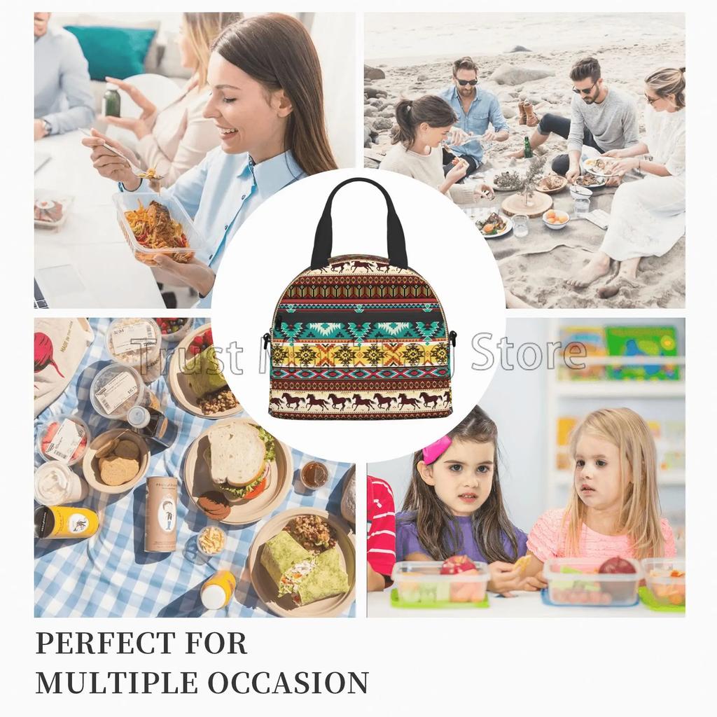 Isolierte Lunchtasche mit ethnischem Muster Pferde Geometrisch Bento-Tasche Wiederverwendbare Thermos-Lunchbox mit verstellbarem Schultergurt