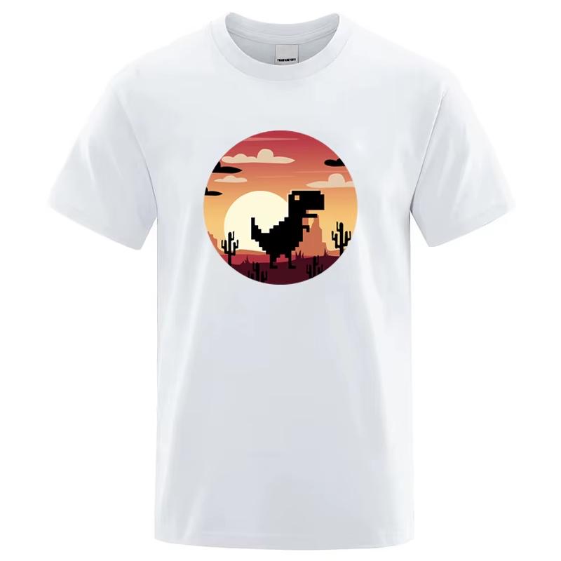 Pixel Dinosaur Sunset Desert Graphic Tshirt Retro 8bit Game Style Print Unisex Unisex Short Sleeve Casual Vintage Streetwear Tee