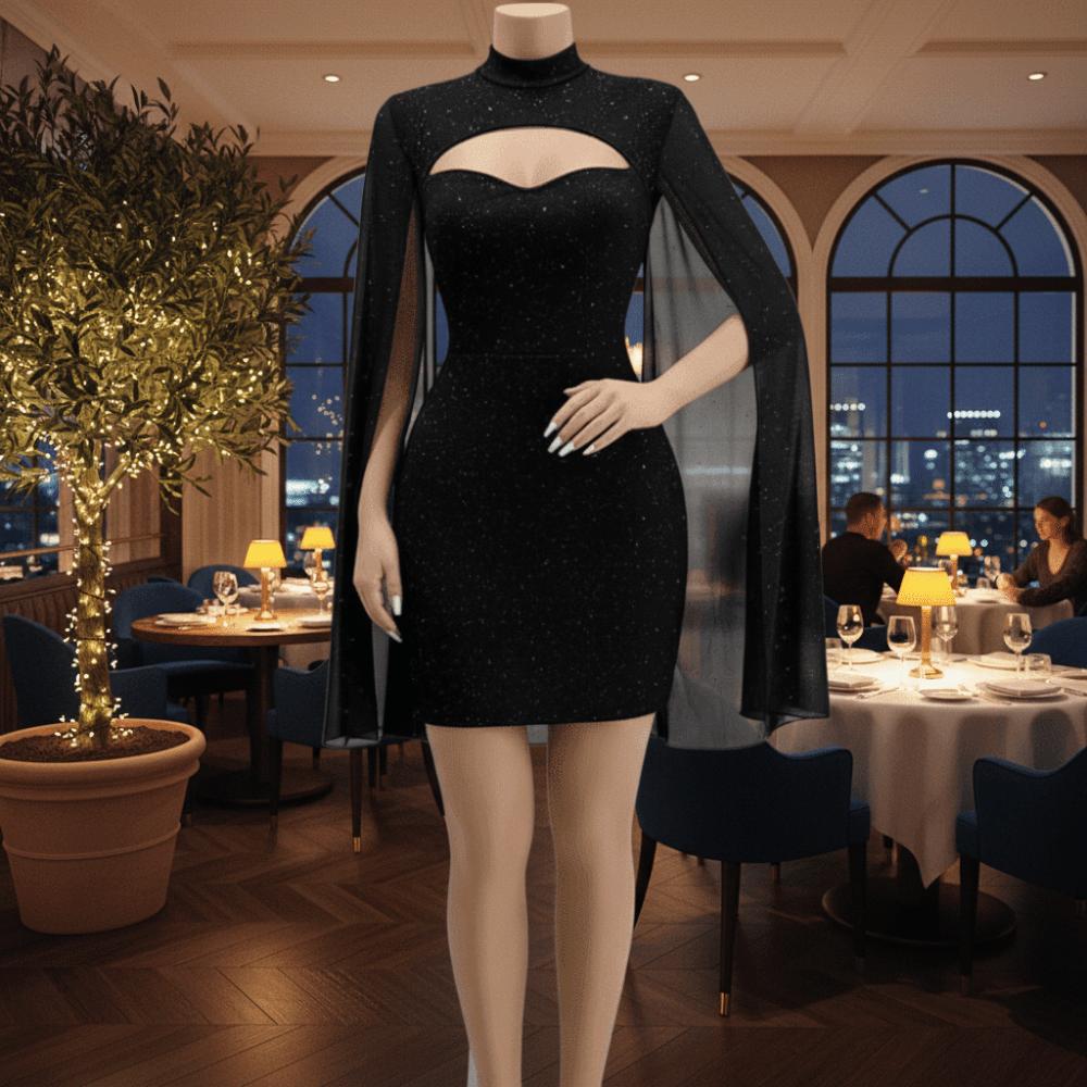 Sparkling Chiffon Cape Red Dress Half Neck Slim Evening Dress  Ladies Girl