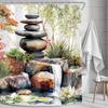 Stone Garden Shower Curtain Watercolor Lotus Waterfall Nature Spa Art Waterproof Polyester with 12 Hooks