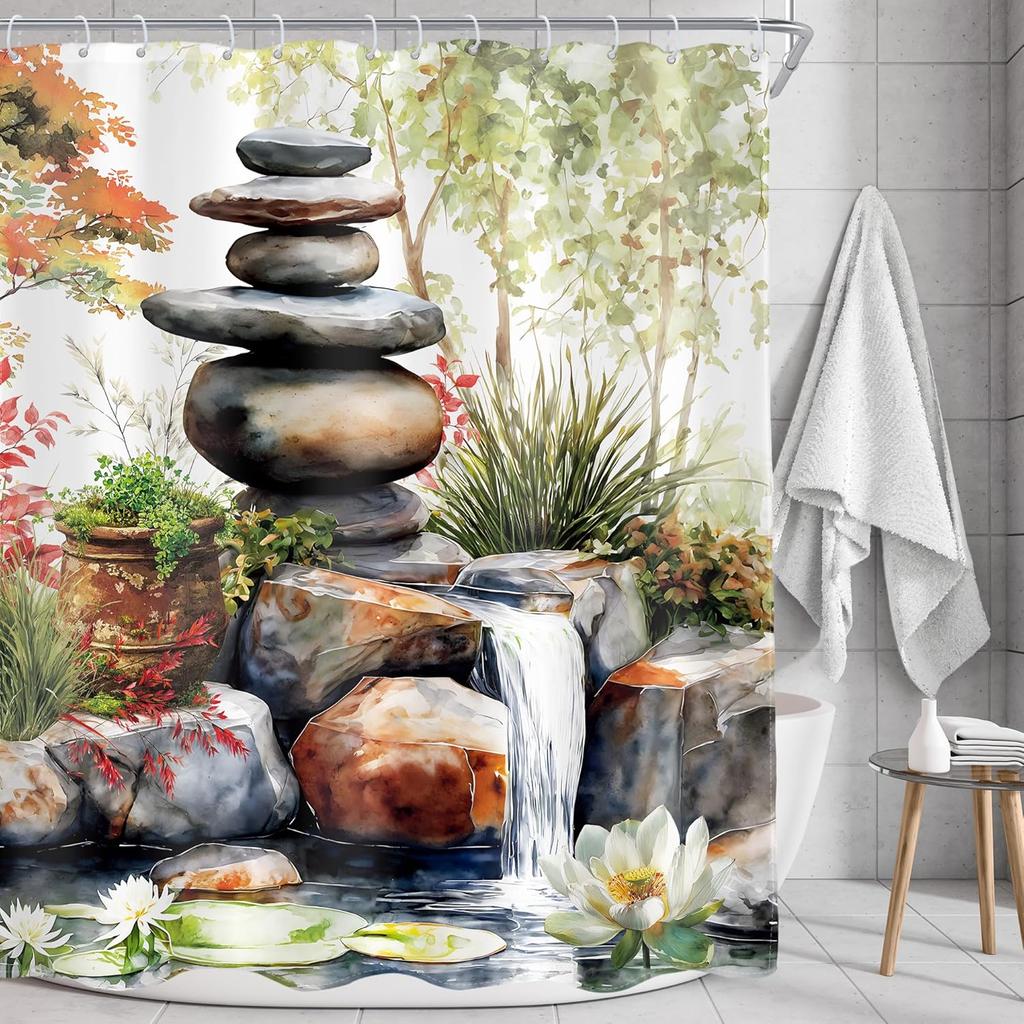 Stone Garden Shower Curtain Watercolor Lotus Waterfall Nature Spa Art Waterproof Polyester with 12 Hooks