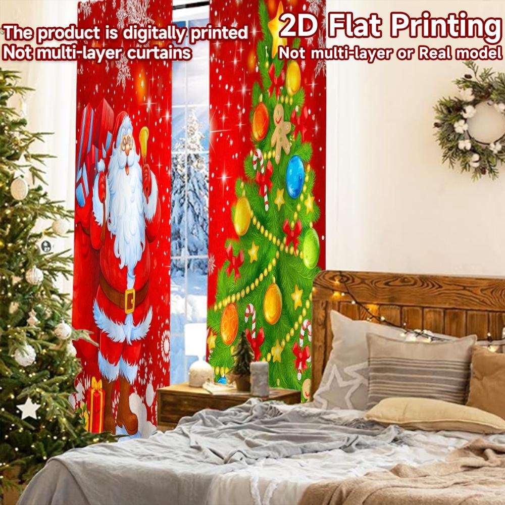 2pcs, 2D FLAT PRINTING Curtains (Without Rod) Santa Tree Bliss Chic Print Curtains Festival Polyester Curtains Decorations