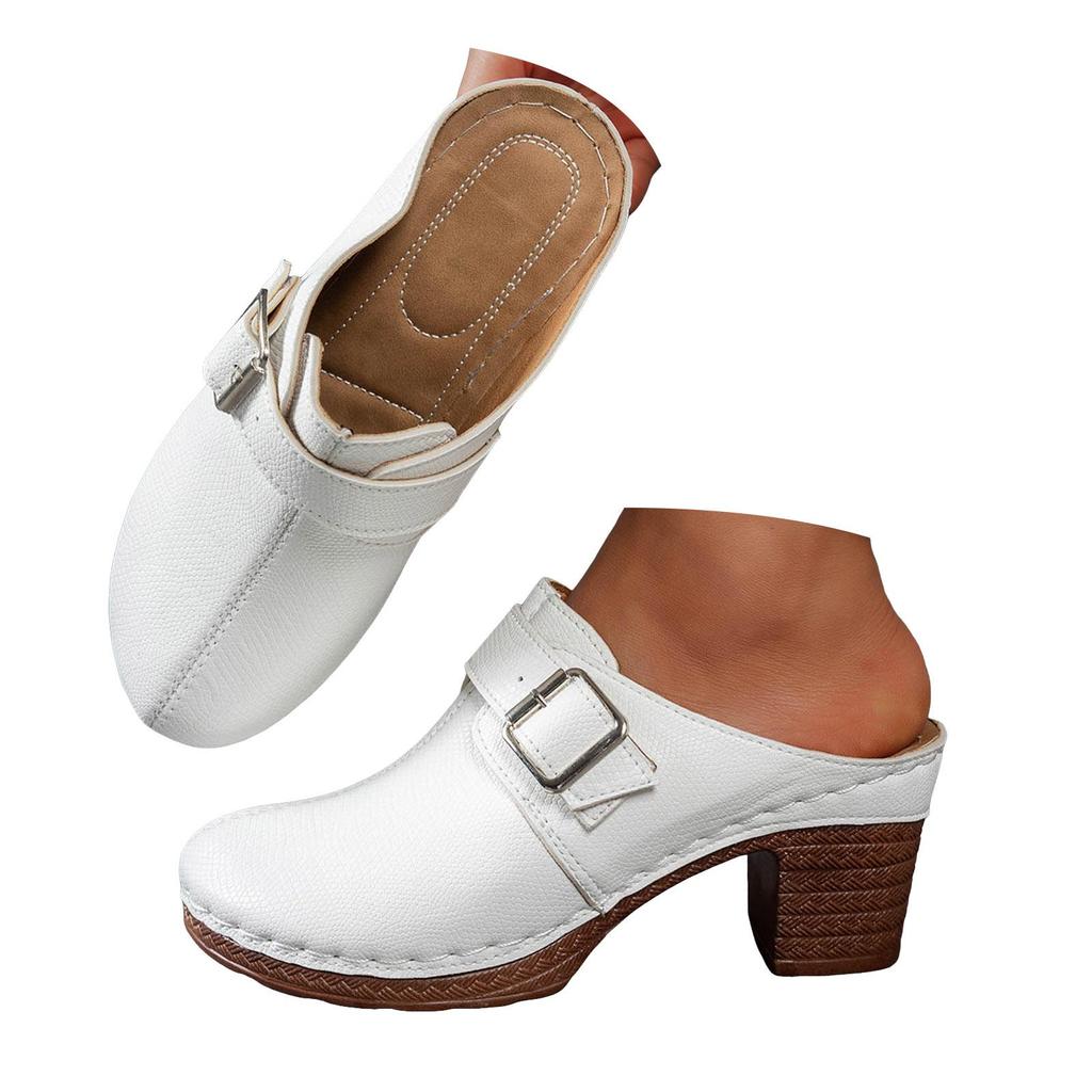 Chunky Heel Closed Toe Round Toe Women'S High Heels Leather Solid Color Memory Foam Sandals Women Fisherman Sandals For Women