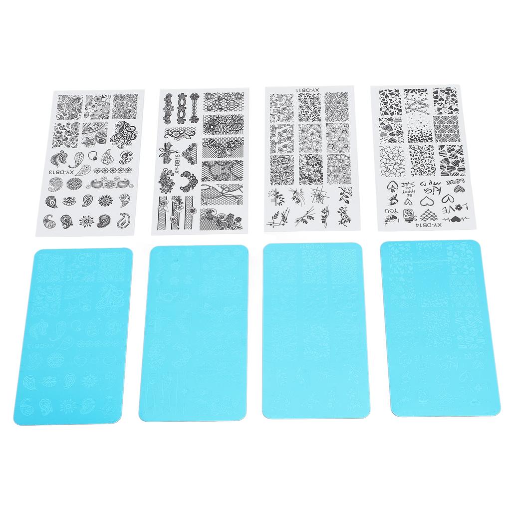 4pcs French Nail Art Stamping Plate Nail Stamping Image Plate Nail Printing Steel Plate with Transparent Films for Nail Polish Artificial Nails