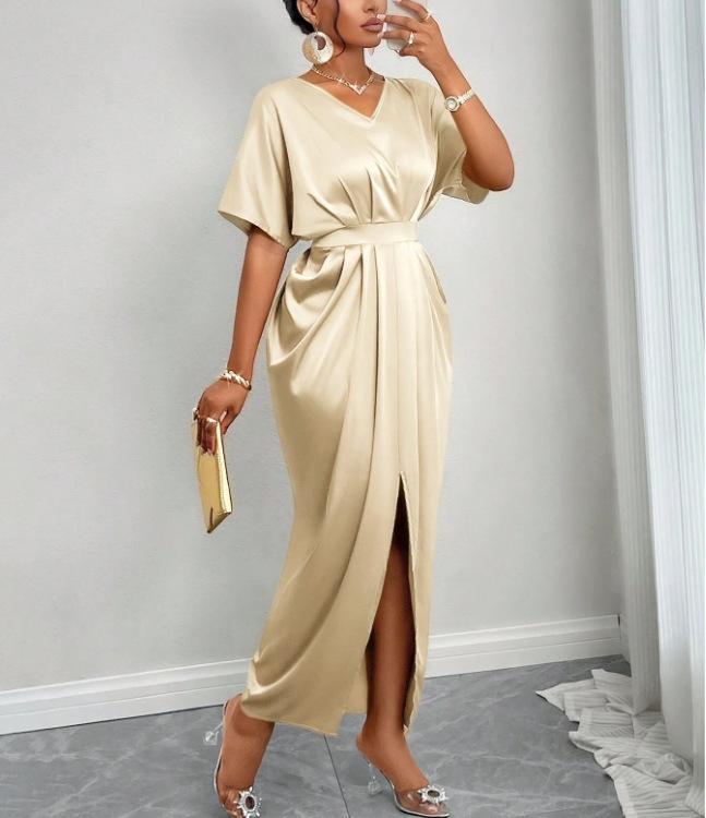 Spot 25 Summer New European and American Women's Clothing, Solid Color Satin V-neck Short-sleeved Waist Slit Dress