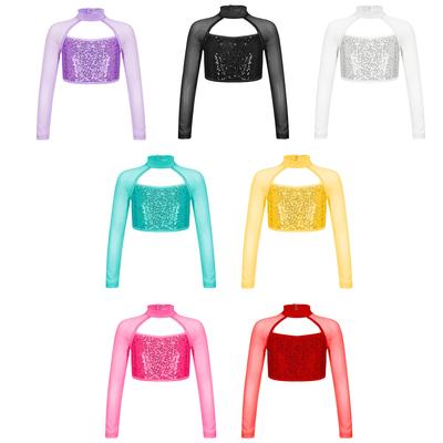 Kids Girls Stylish Clothing Long Sleeve Stand Collar Shiny Sequins Decorated Dance Crop Top