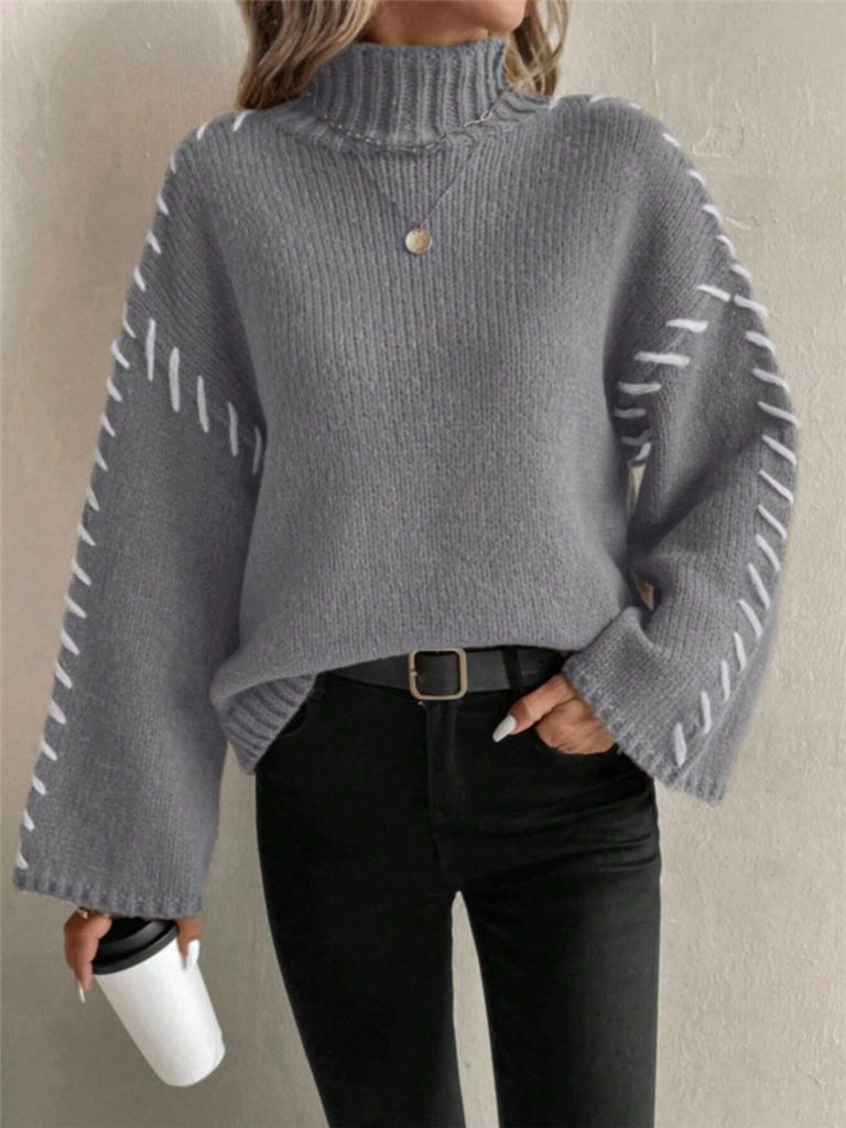 Long Sleeve Casual Loose Knit Sweater New Style High Neck Color Block Design Women's