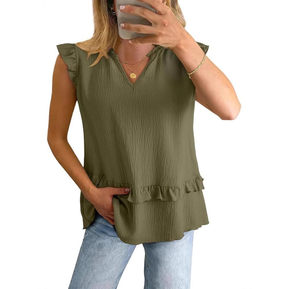 women's Ruffle V Neck Sleeveless Blouse Casual Loose Fit Summer Tunic Tops