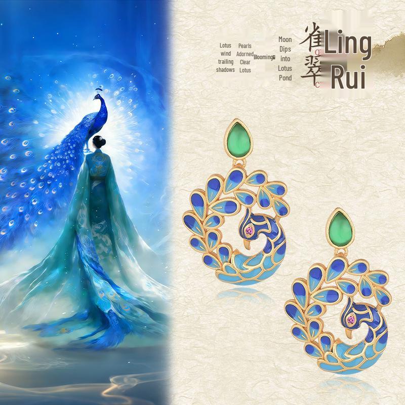 Retro smaltované náušnice peříčka páva, ryzí stříbro 925 pro dívky ve stylu Hanfu Qipao