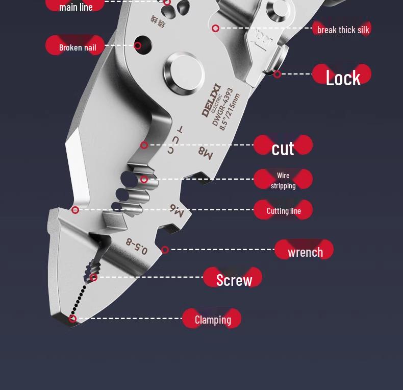 Delixi 16-in-1 Multifunctional Wire Stripper Pliers: Folding Buckle for Stripping, Separating, Winding, Crimping, and Cutting.