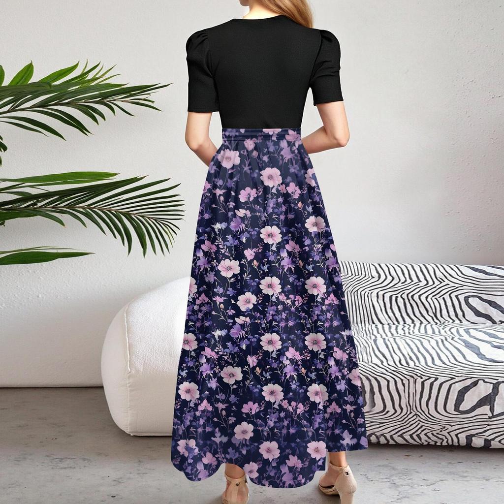 Women's Fashion Casual Belt Short Sleeve Round Neck Print Stitching Elegant Temperament Dress